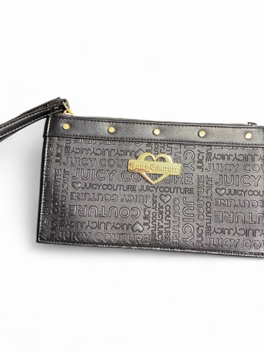 Juicy Couture Black Embossed Logo Wristlet with Gold Heart Plaque